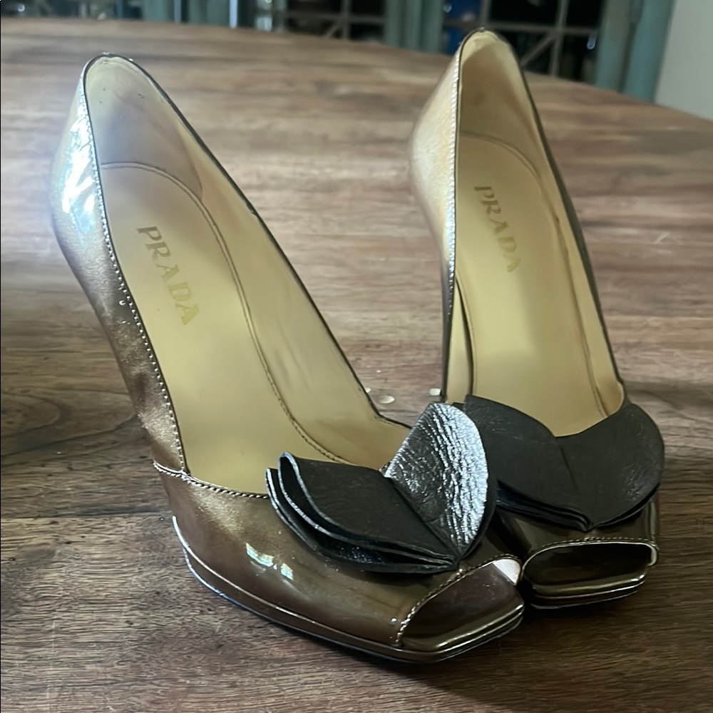 Prada Brown Patent Leather Peep-Toe Heels